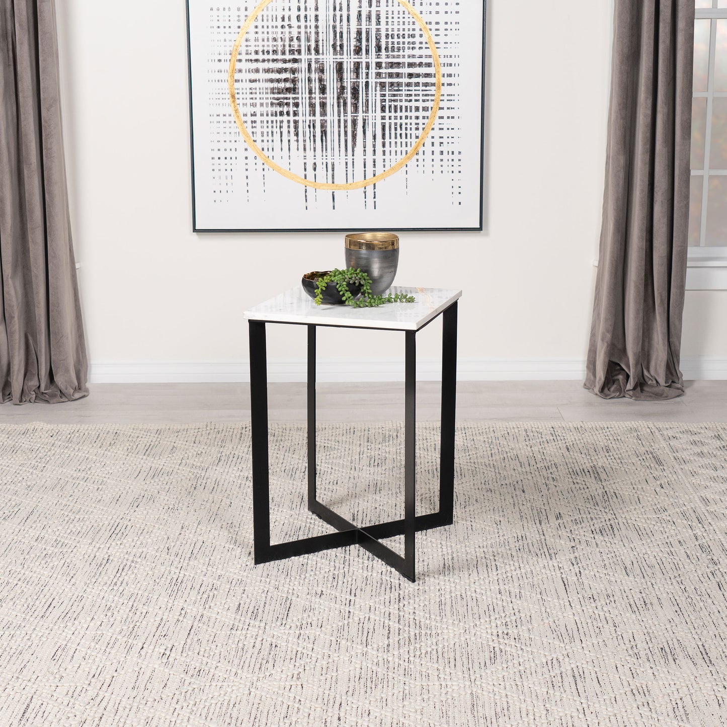 Tobin Modern Square Marble End Table in White and Black