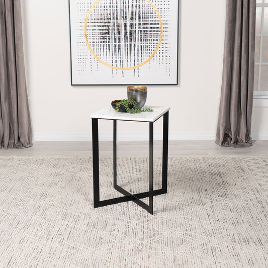 Tobin Modern Square Marble End Table in White and Black