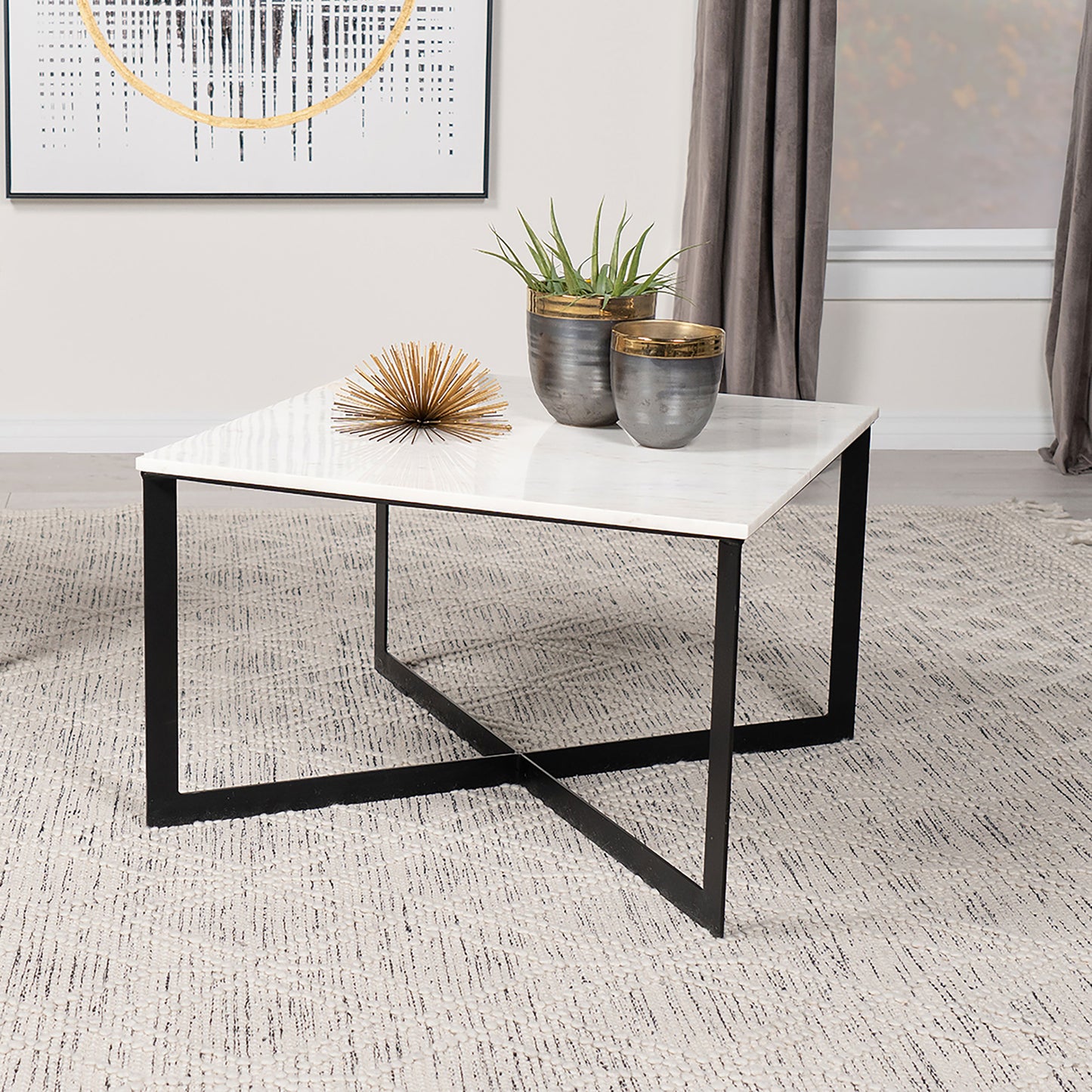 Tobin Modern Square Marble Top Coffee Table – White & Black
