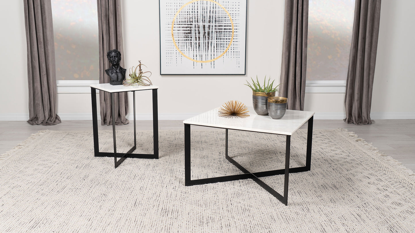Tobin Modern Square Marble Top Coffee Table – White & Black