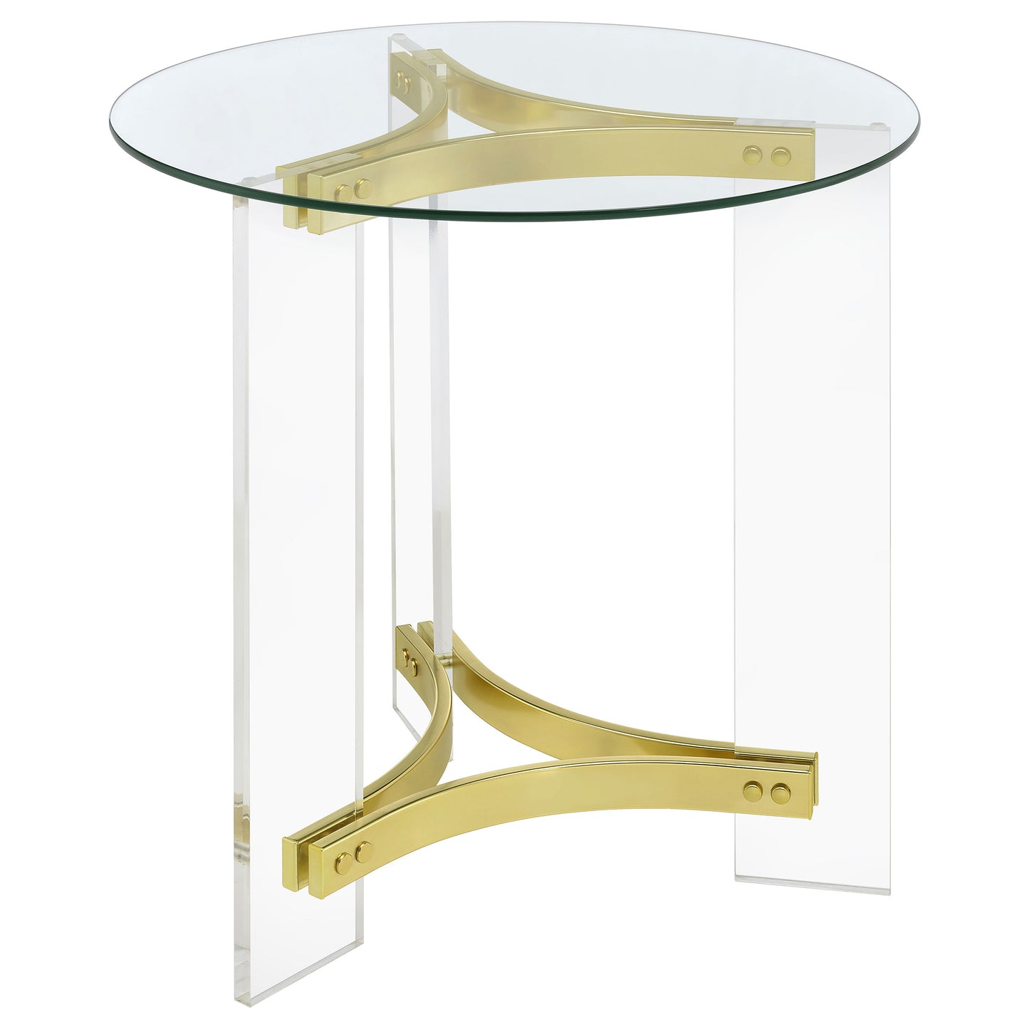 Janessa Matte Brass Round End Table – Glass Top & Acrylic Legs