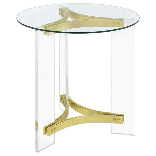 Janessa Matte Brass Round End Table – Glass Top & Acrylic Legs