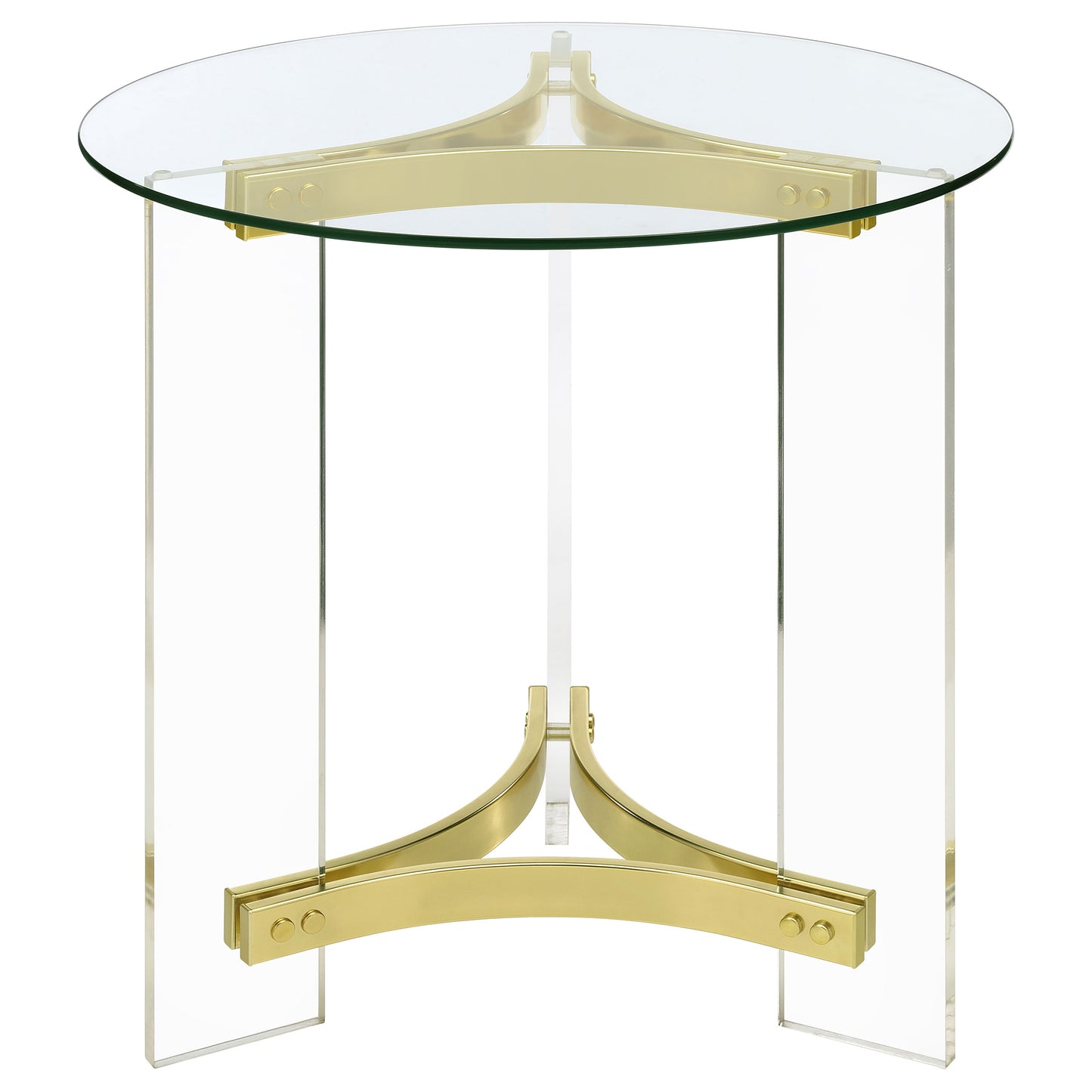 Janessa Matte Brass Round End Table – Glass Top & Acrylic Legs