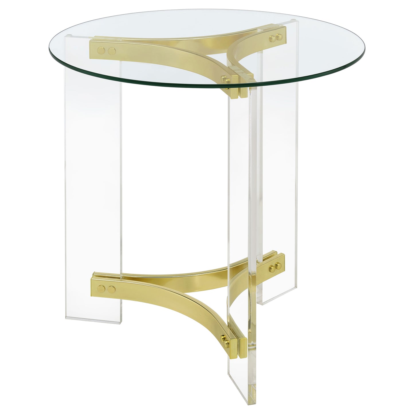 Janessa Matte Brass Round End Table – Glass Top & Acrylic Legs