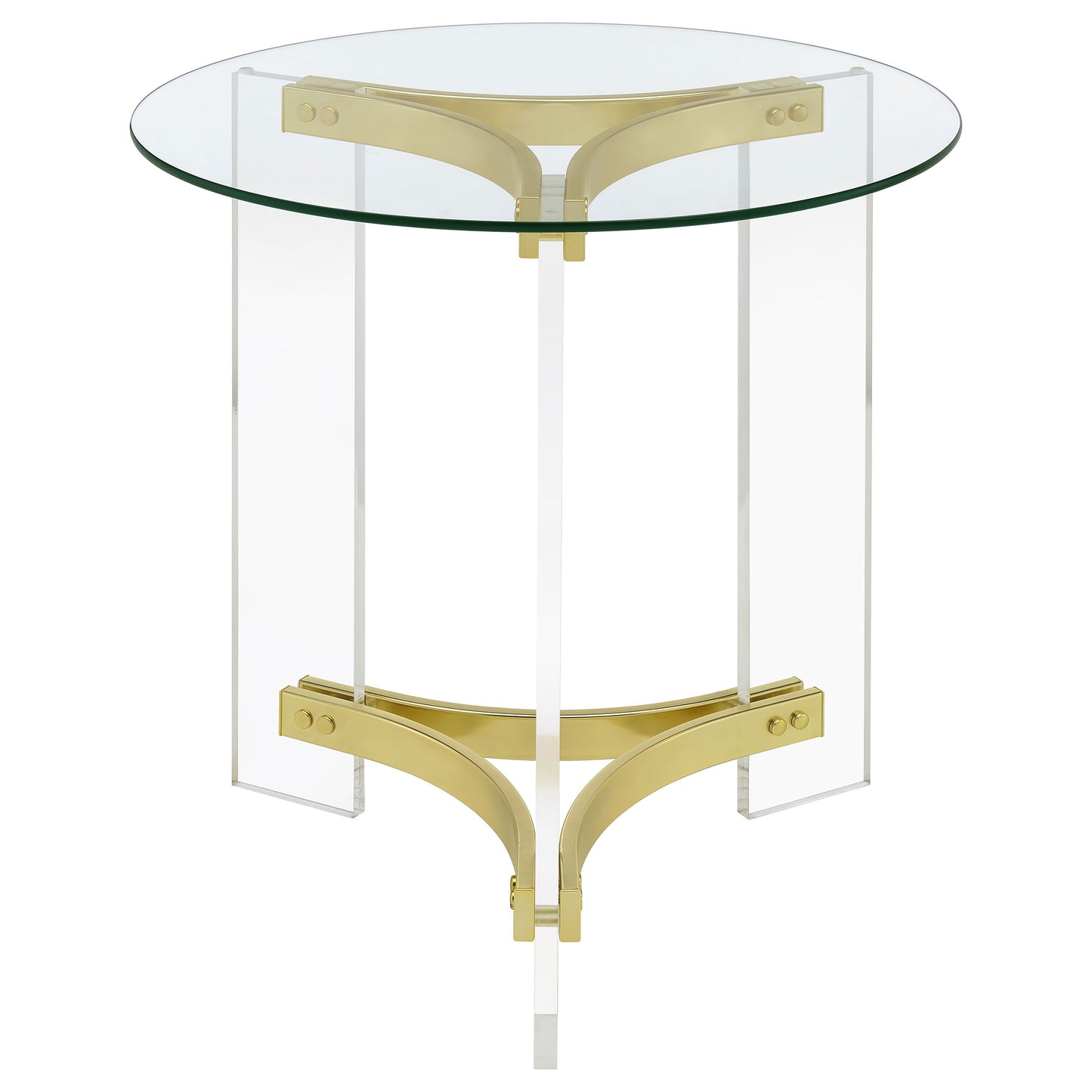 Janessa Matte Brass Round End Table – Glass Top & Acrylic Legs