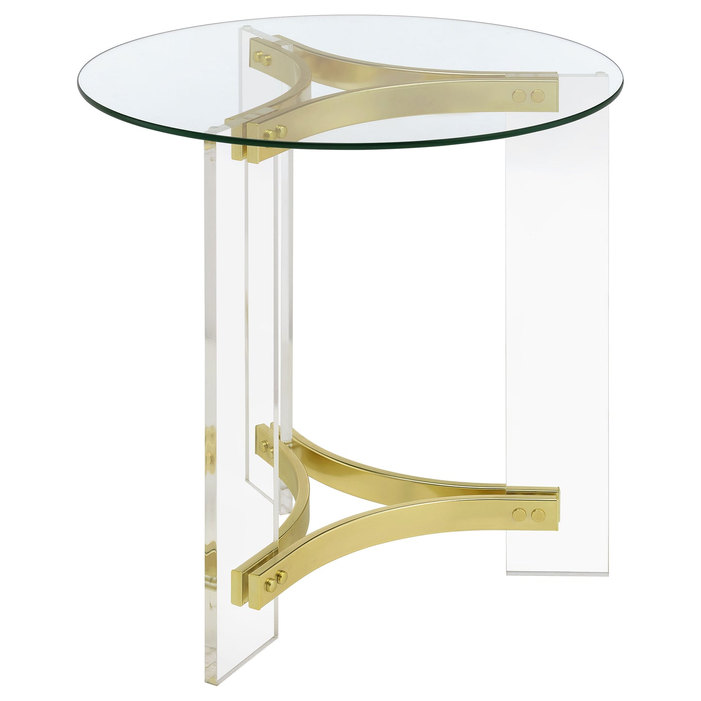 Janessa Matte Brass Round End Table – Glass Top & Acrylic Legs