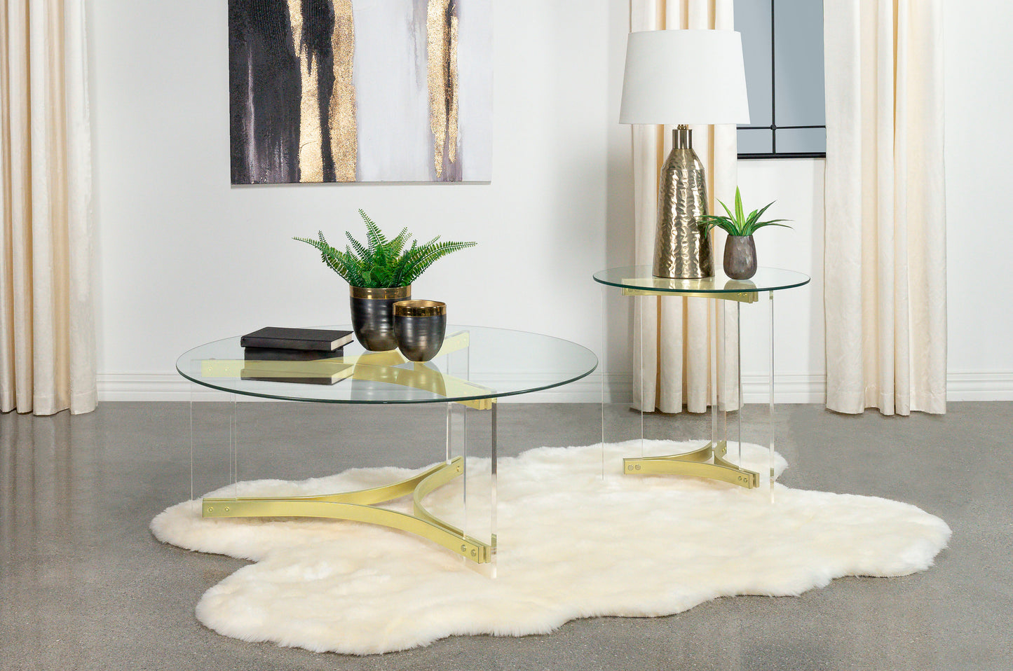 Janessa 2-Piece Acrylic Coffee and End Table Set – Matte Brass