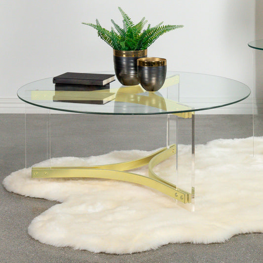 Janessa Modern Round Glass Coffee Table with Acrylic Base in Matte Brass