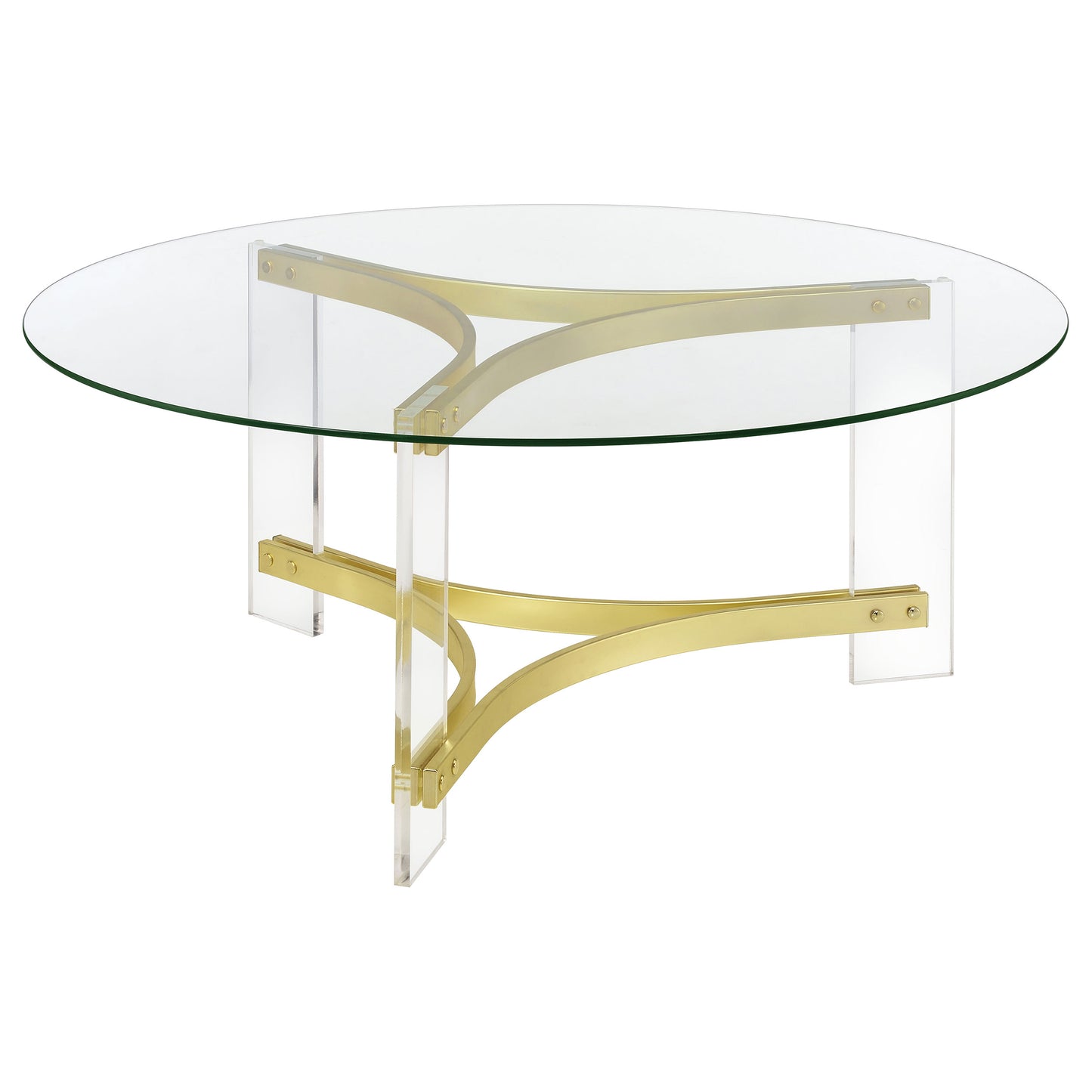 Janessa Modern Round Glass Coffee Table with Acrylic Base in Matte Brass