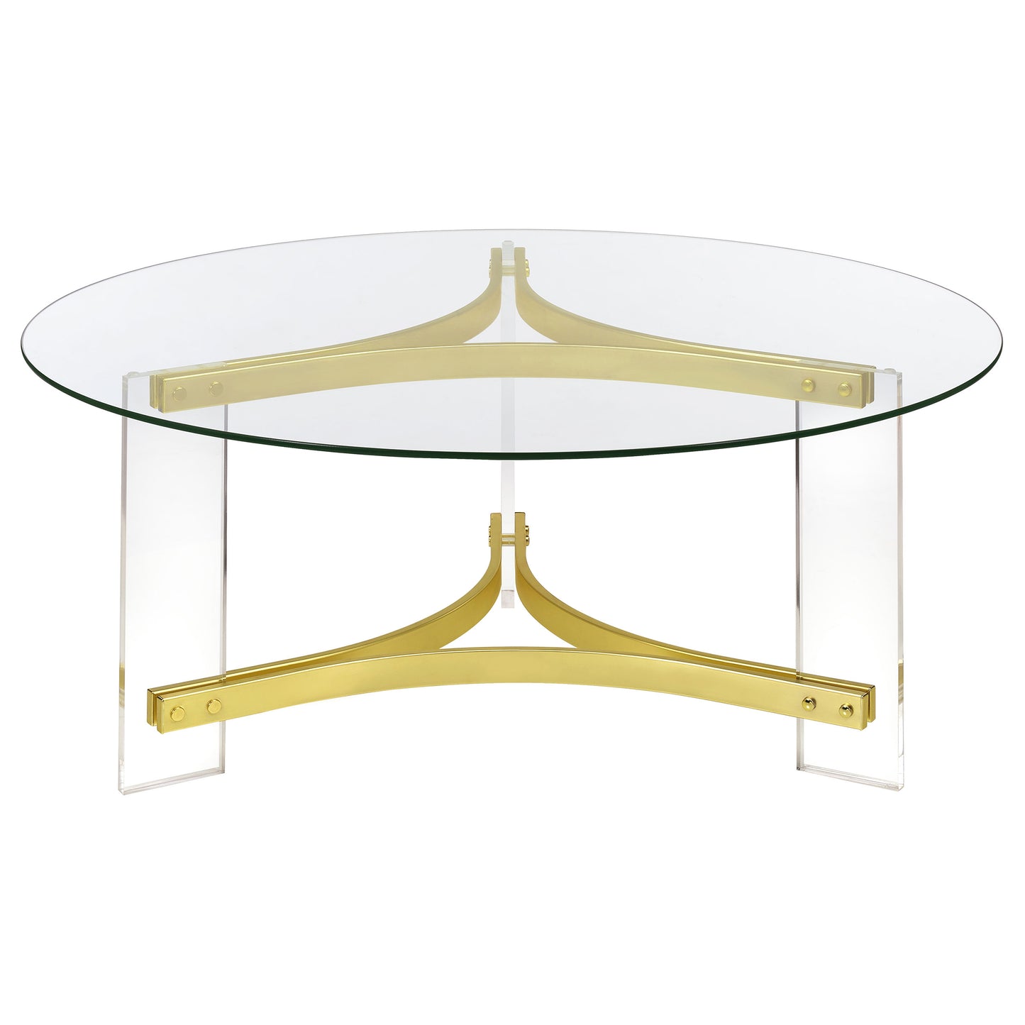 Janessa Modern Round Glass Coffee Table with Acrylic Base in Matte Brass