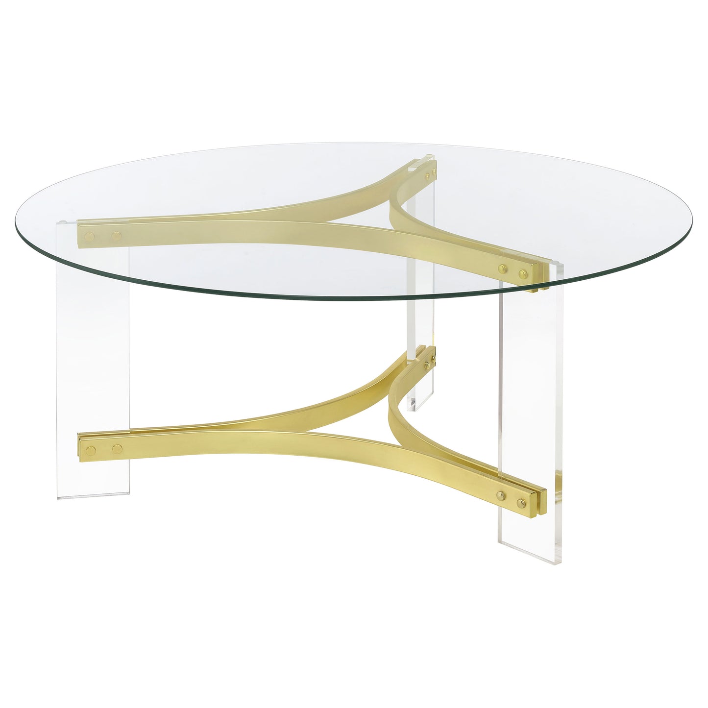 Janessa Modern Round Glass Coffee Table with Acrylic Base in Matte Brass