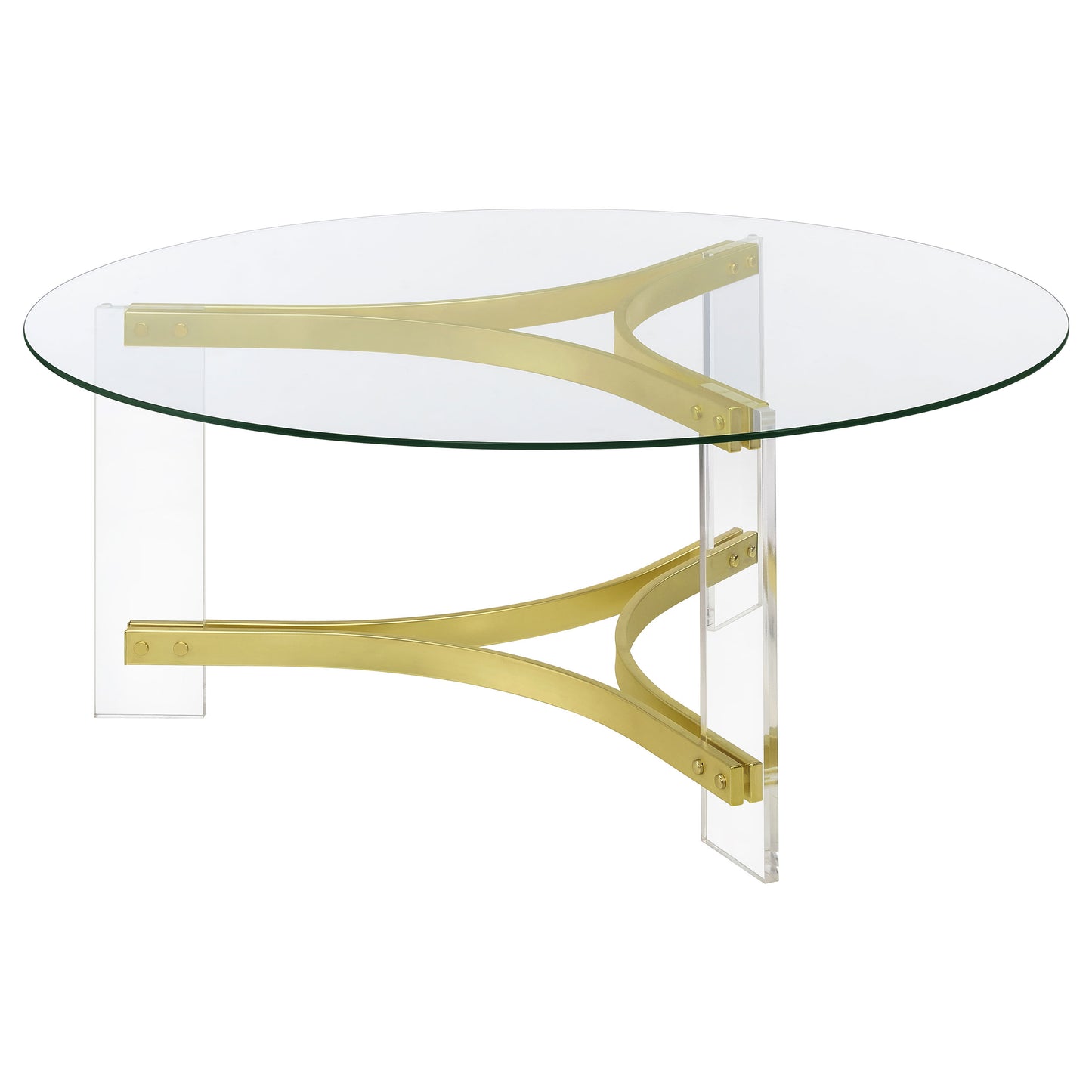 Janessa Modern Round Glass Coffee Table with Acrylic Base in Matte Brass