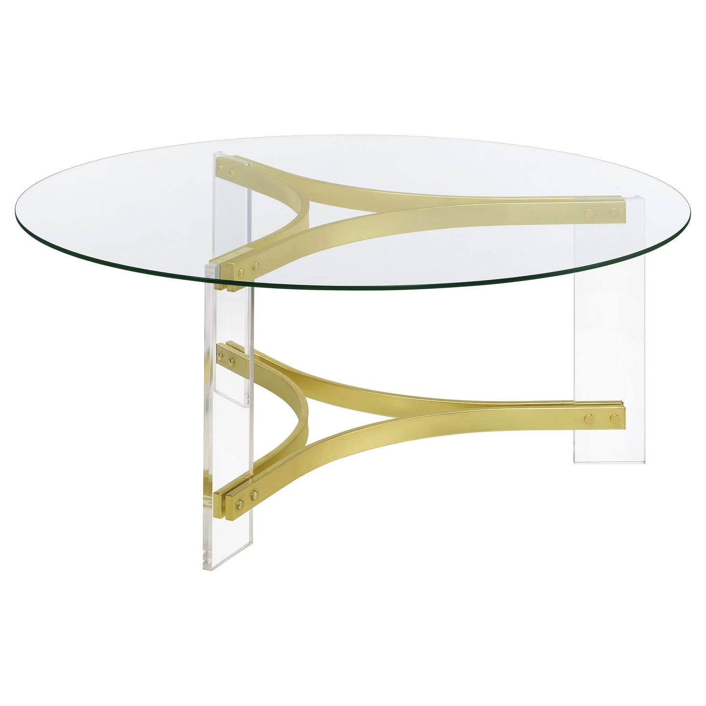Janessa Modern Round Glass Coffee Table with Acrylic Base in Matte Brass