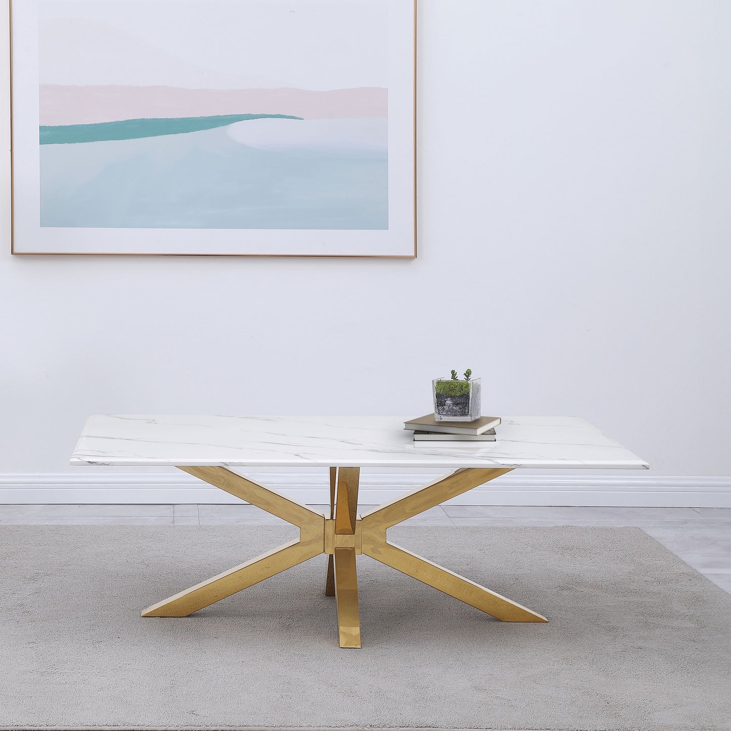 Visalia Modern Gold Coffee Table with Faux Marble Surface
