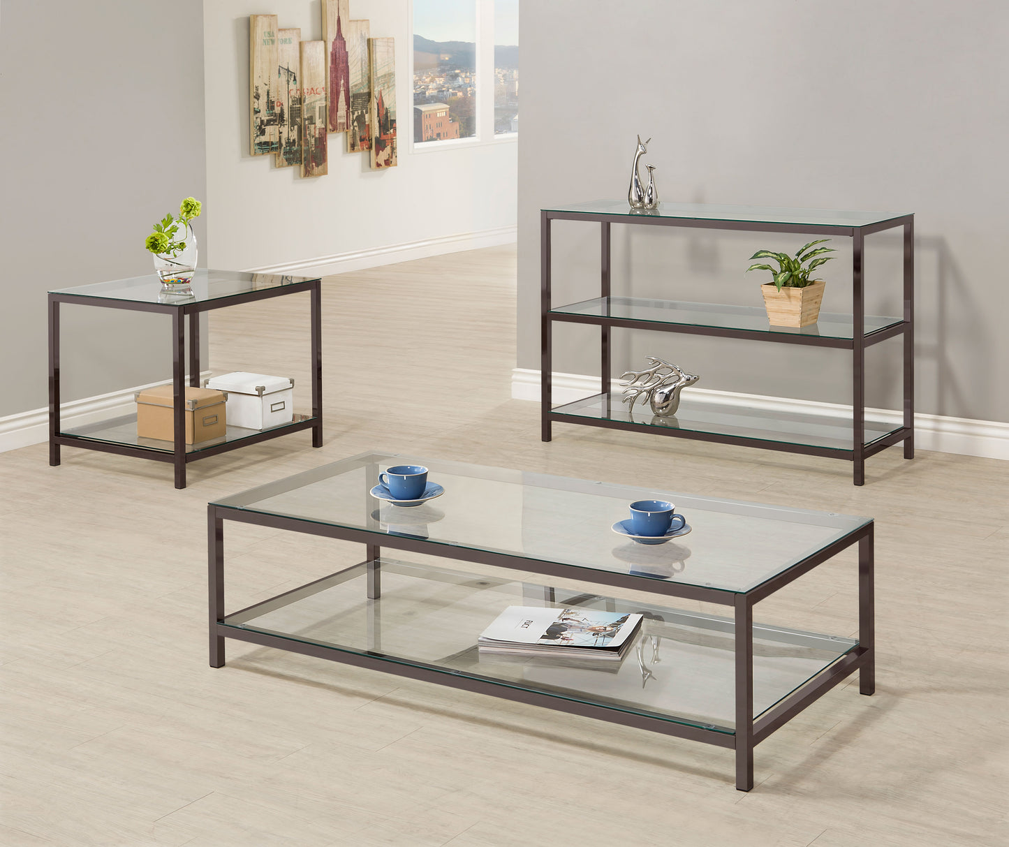 Trini Minimalist Glass Coffee Table – Black Nickel