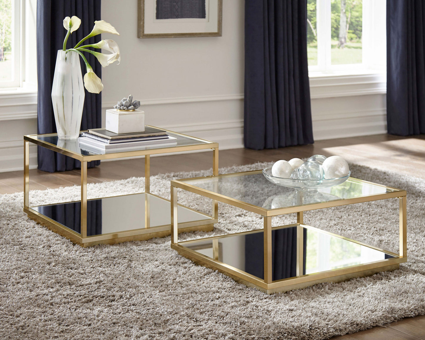 Seravine 2-Piece Square Nesting Coffee Table Set Rose Brass Finish