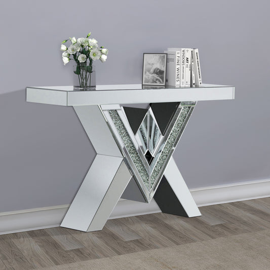 Taffeta V-Shaped Mirrored Entryway Console Table – Silver