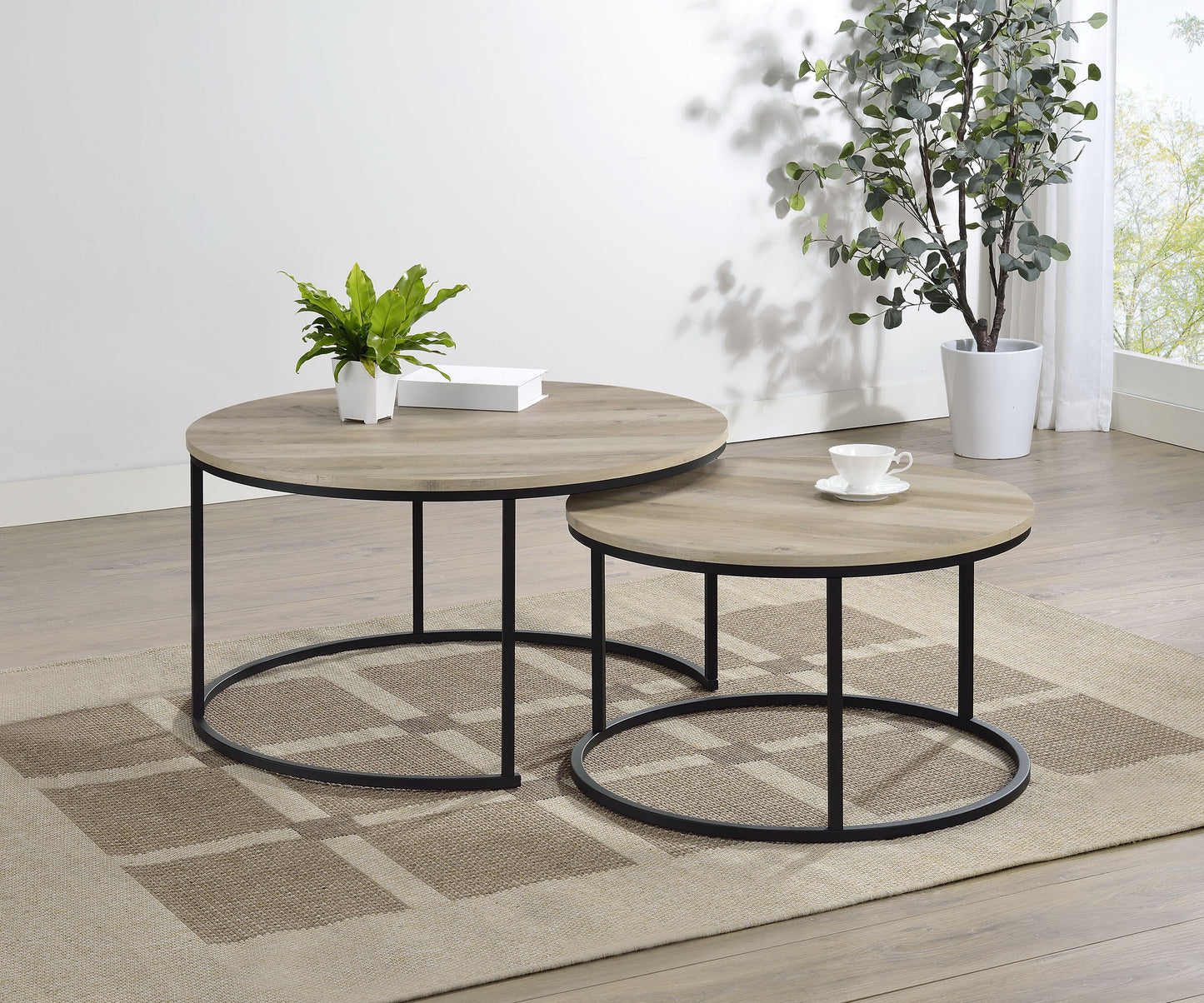 Lainey Rustic Round Nesting Coffee Table Set – Distressed Pine