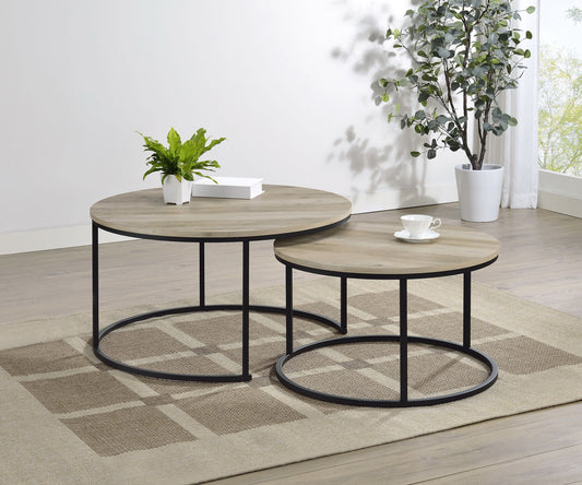 Lainey Rustic Round Nesting Coffee Table Set – Distressed Pine