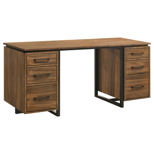 Marivon 6-Drawer Double Pedestal File Computer Desk Walnut & Black