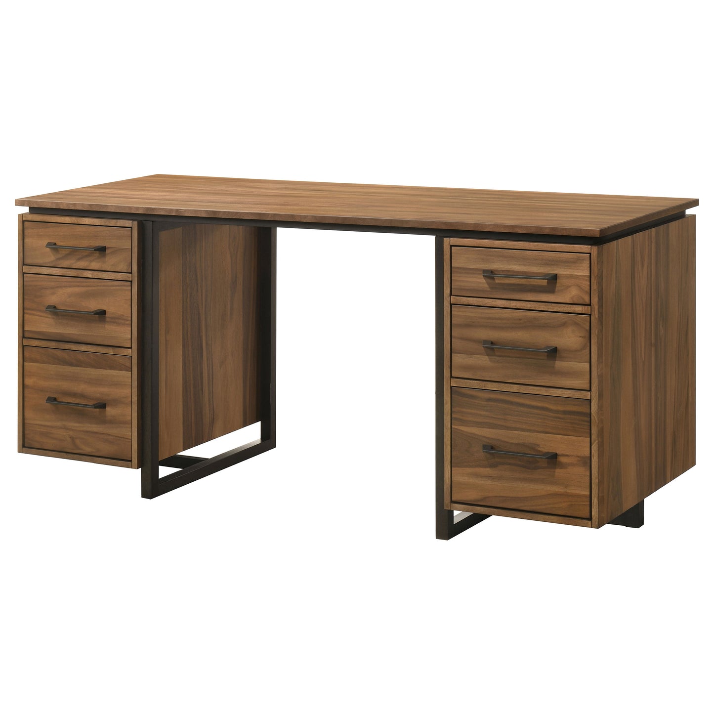 Marivon 6-Drawer Double Pedestal File Computer Desk Walnut & Black