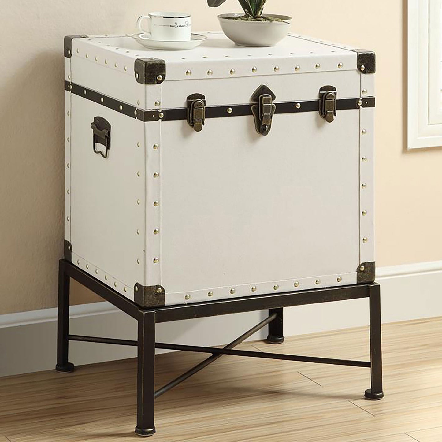 Elvara Upholstered Storage Trunk Side Table White with Brass Accents