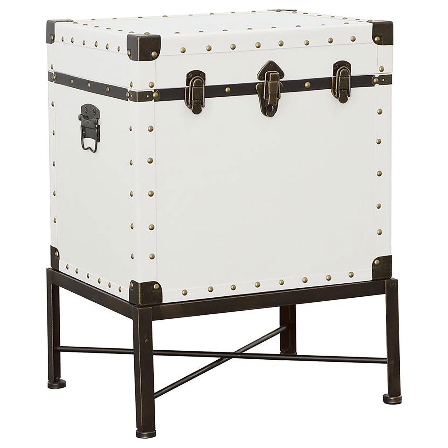 Elvara Upholstered Storage Trunk Side Table White with Brass Accents