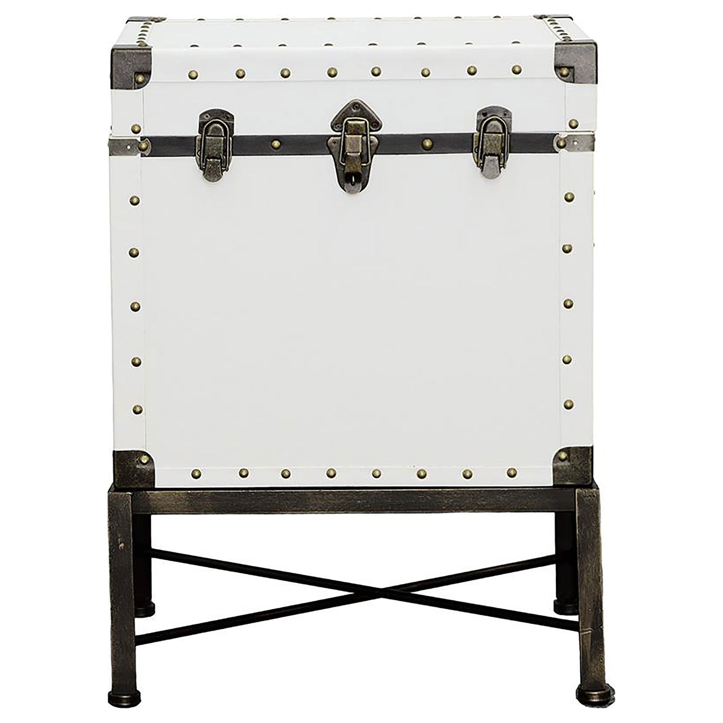 Elvara Upholstered Storage Trunk Side Table White with Brass Accents