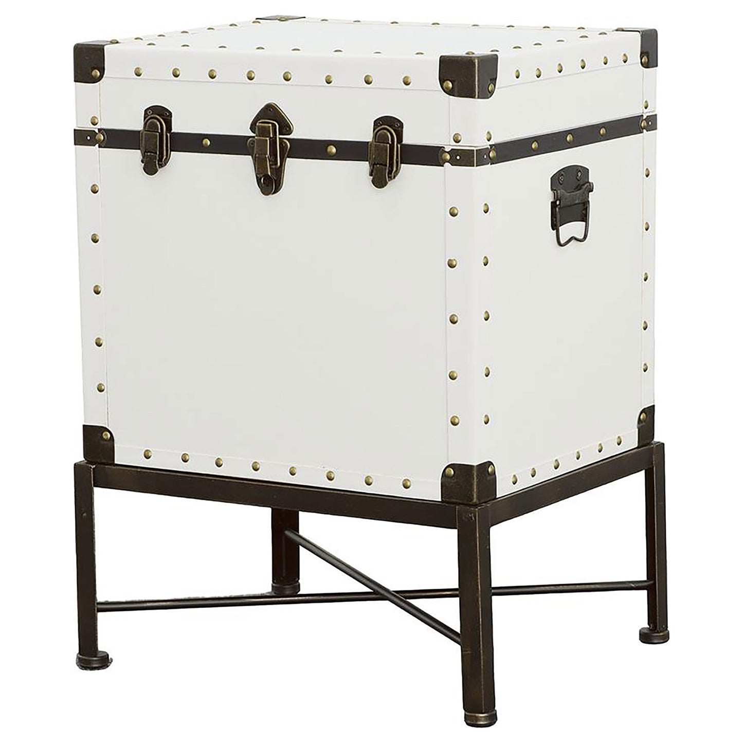 Elvara Upholstered Storage Trunk Side Table White with Brass Accents