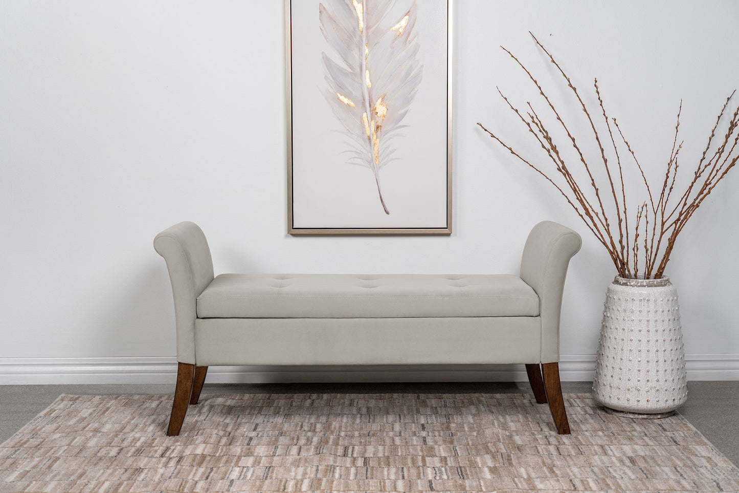 Farrah Velvet Upholstered Rolled Arm Storage Bench – Beige