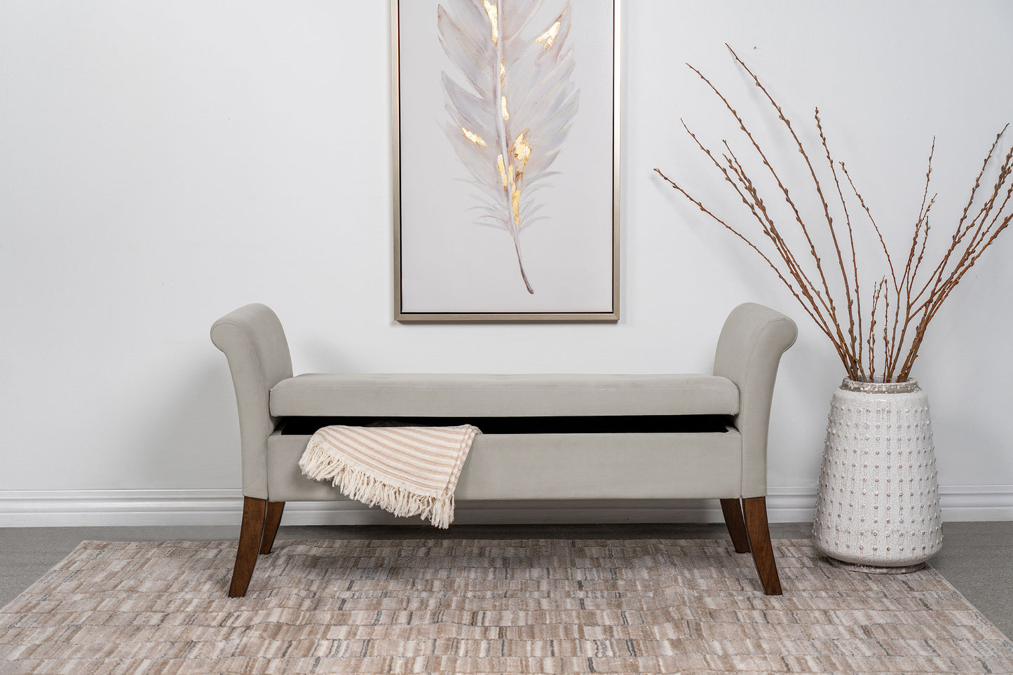 Farrah Velvet Upholstered Rolled Arm Storage Bench – Beige