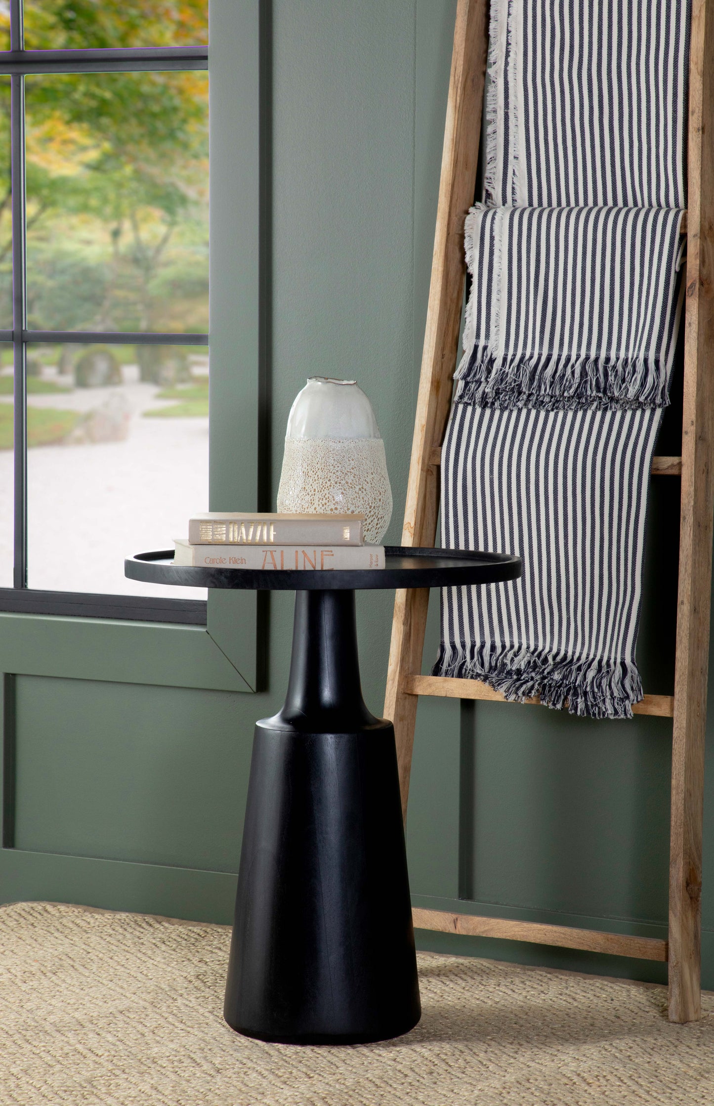 Zymera Round Mango Wood Pedestal Accent Table Black Stained Finish