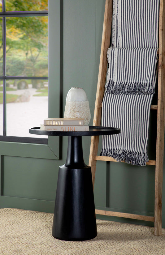 Zymera Round Mango Wood Pedestal Accent Table Black Stained Finish