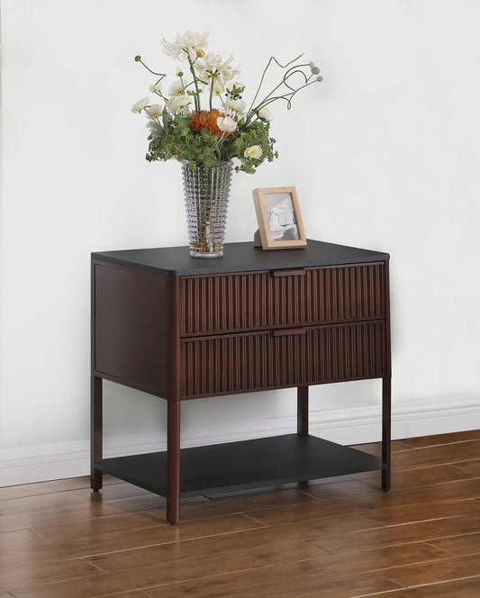 Zerano Rectangular Side Table with Dual Fluted Drawers and Open Shelf Rust Brown Frame