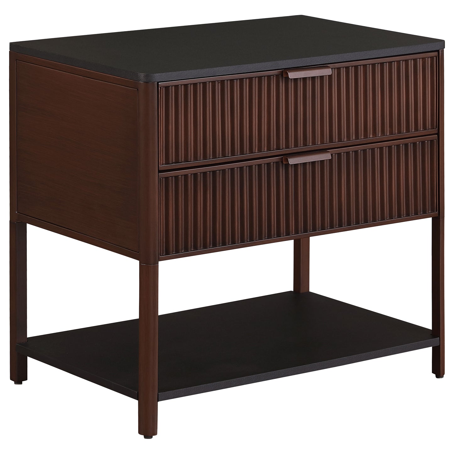 Zerano Rectangular Side Table with Dual Fluted Drawers and Open Shelf Rust Brown Frame