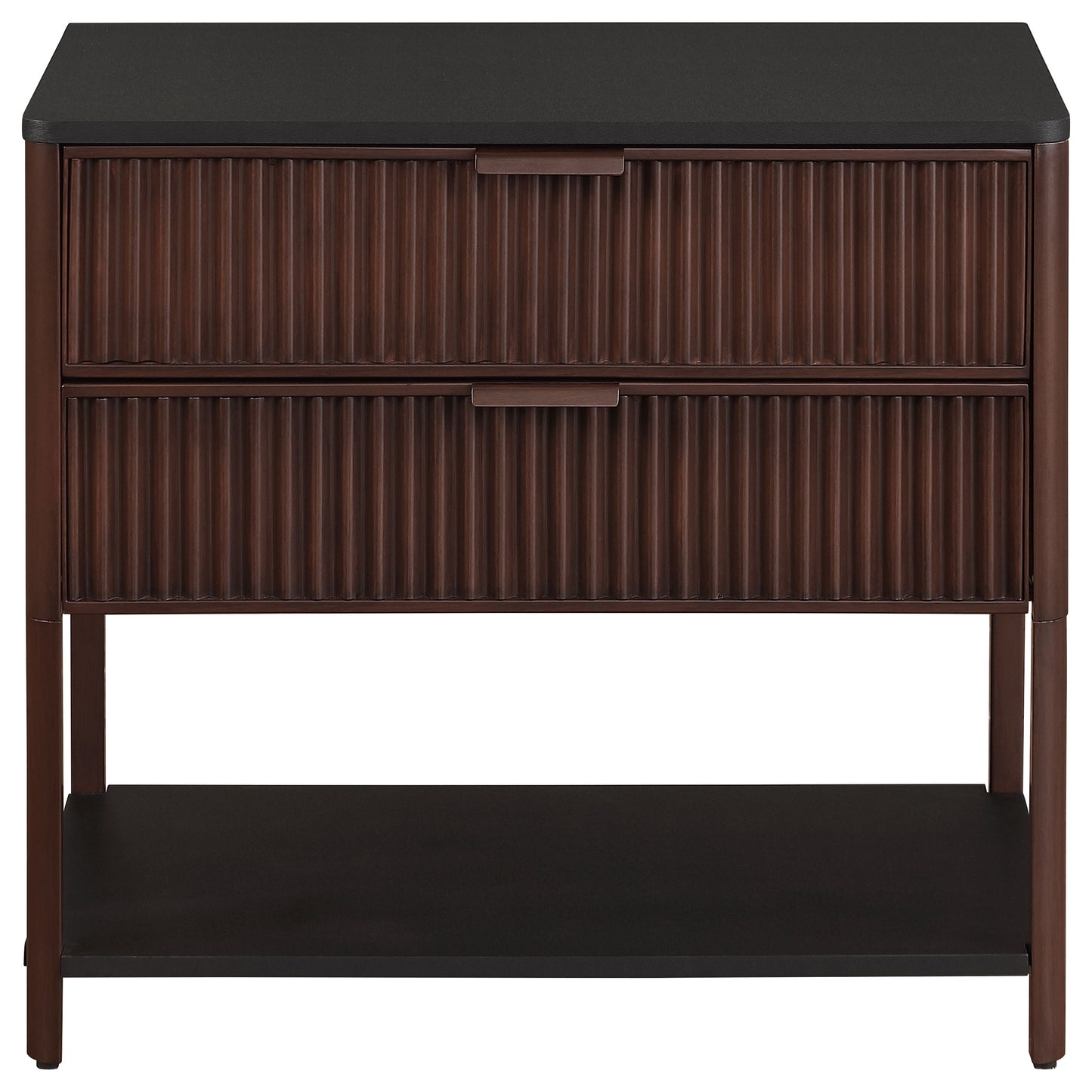 Zerano Rectangular Side Table with Dual Fluted Drawers and Open Shelf Rust Brown Frame