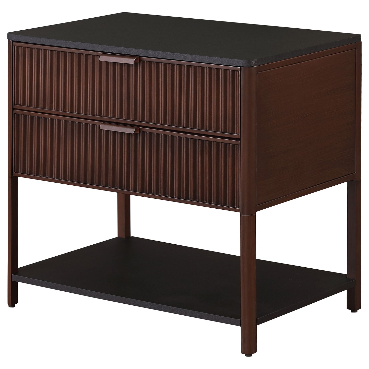 Zerano Rectangular Side Table with Dual Fluted Drawers and Open Shelf Rust Brown Frame