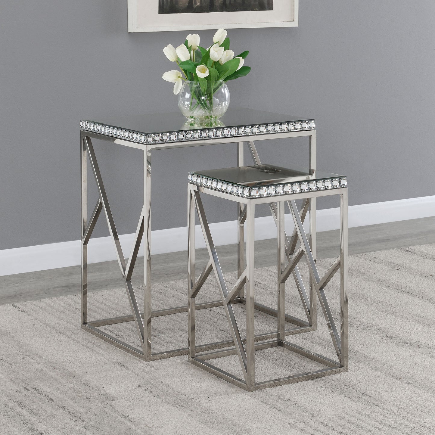 Selvoria 2-Piece Mirrored Nesting Tables with Crystal Trim Silver Stainless Steel Base