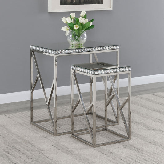 Selvoria 2-Piece Mirrored Nesting Tables with Crystal Trim Silver Stainless Steel Base