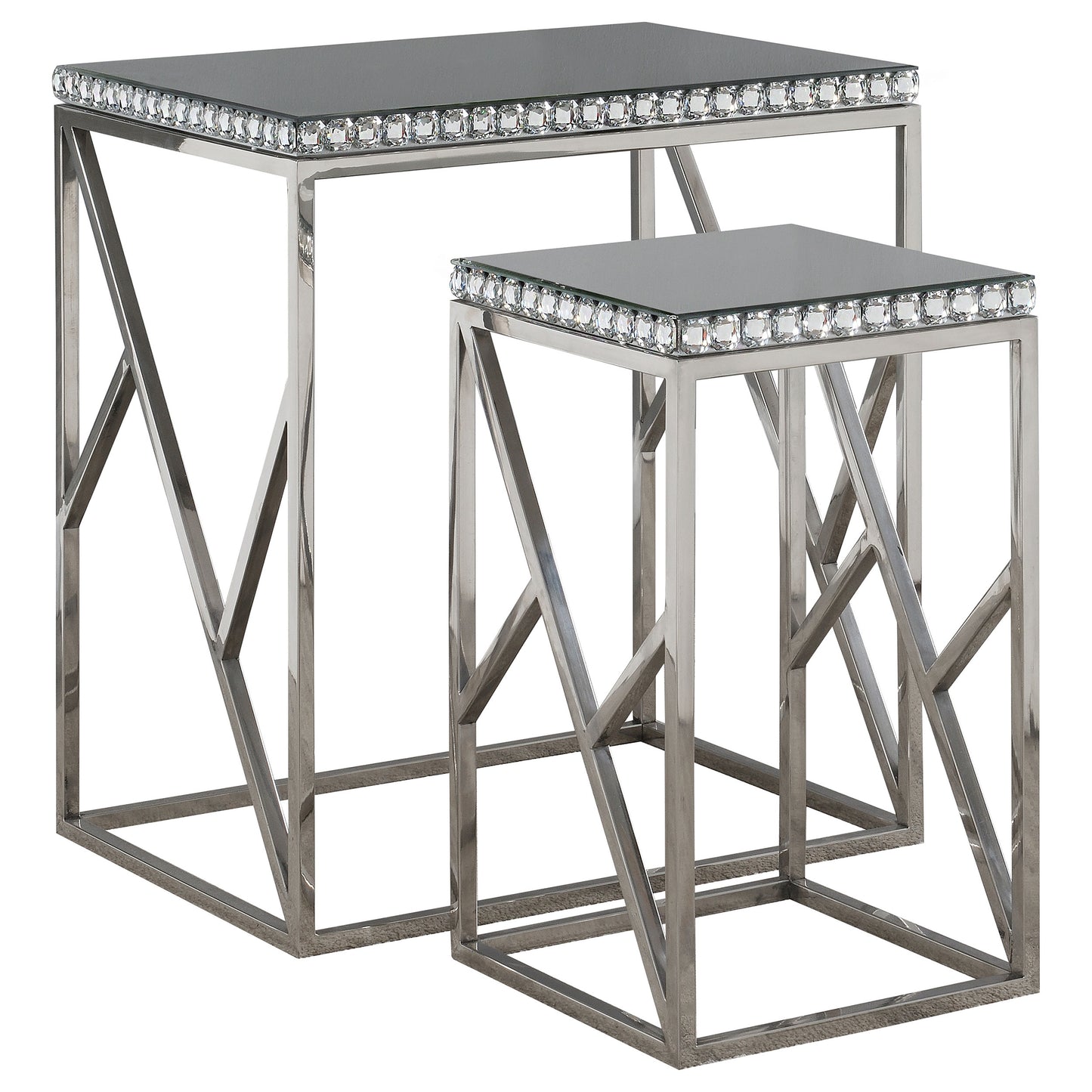 Selvoria 2-Piece Mirrored Nesting Tables with Crystal Trim Silver Stainless Steel Base