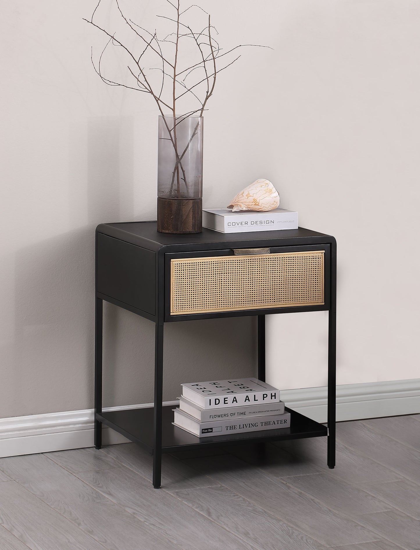 Ravelle 1-Drawer Cane Bedside Table Black with Metal Frame