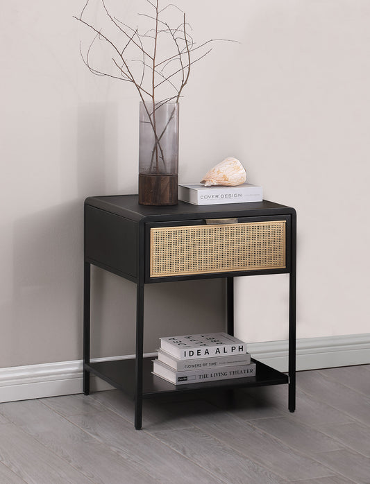 Ravelle 1-Drawer Cane Bedside Table Black with Metal Frame