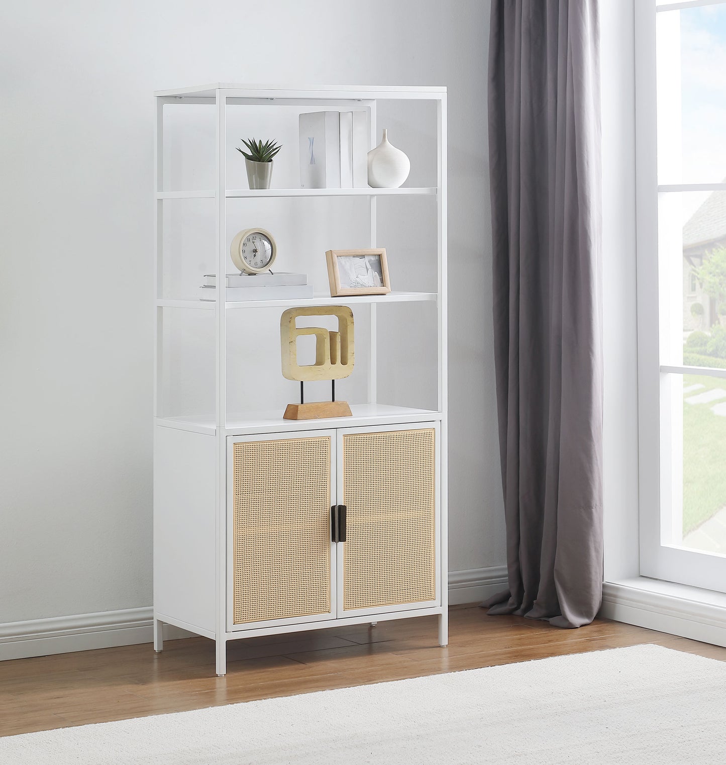 Solvane 3-Shelf Cane Accent Cabinet White with Metal Frame