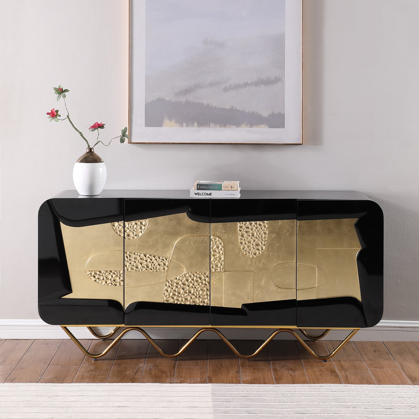 Valthera Ornate Console & Mirror Set – Black & Gold