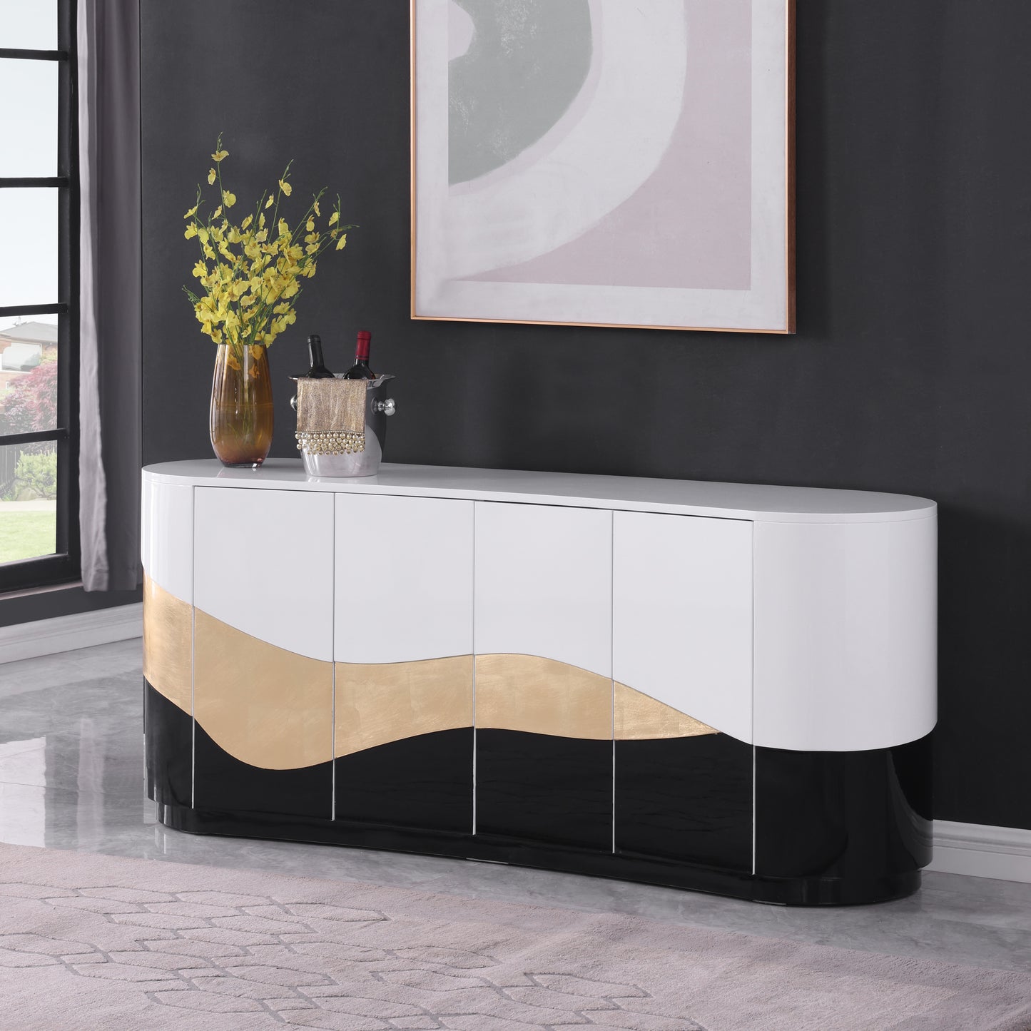 Bellavere Console & Mirror Set – White/Black & Gold