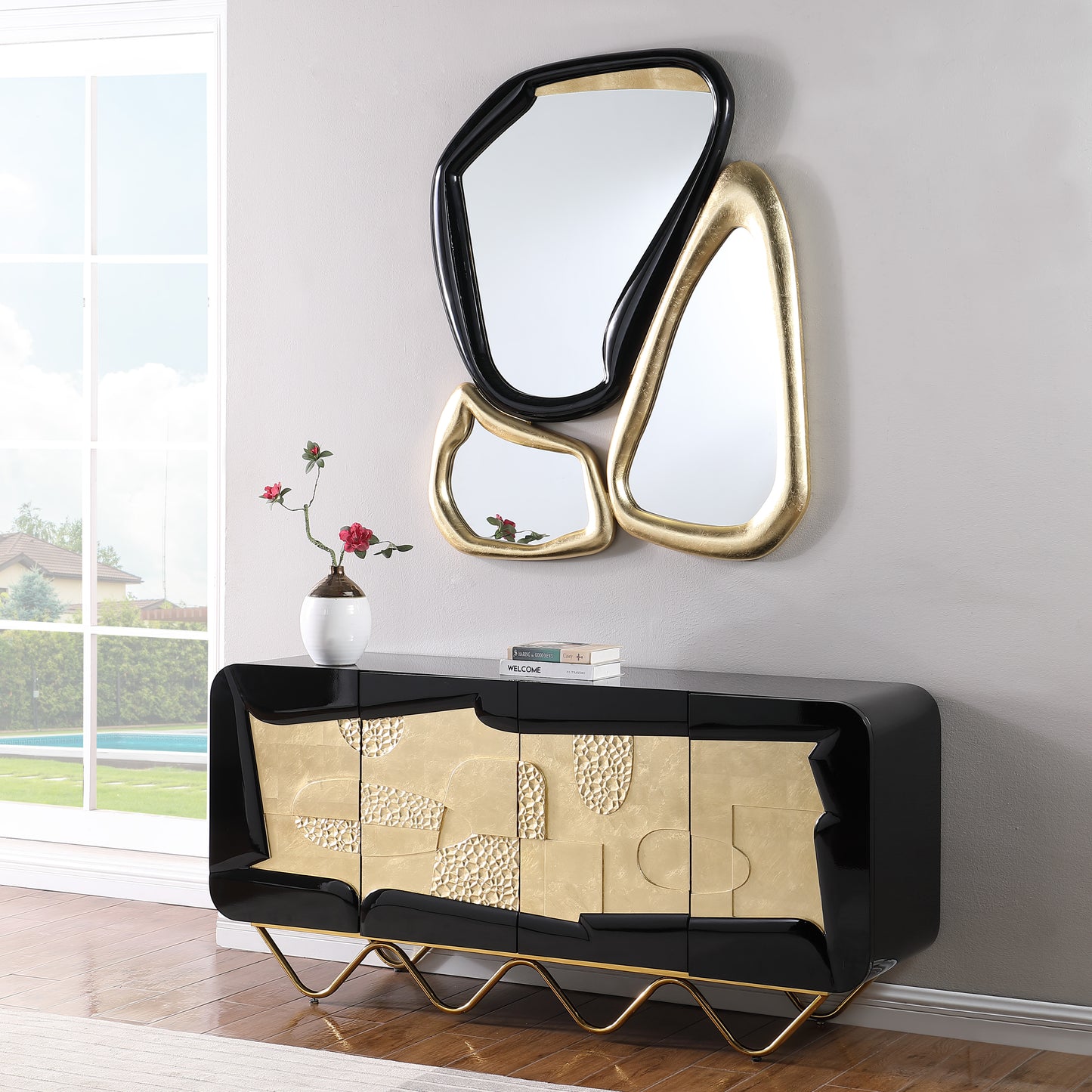 Valthera Ornate Console & Mirror Set – Black & Gold